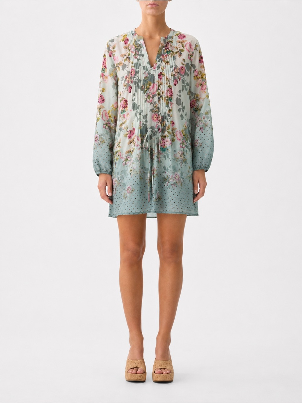Johnny Was- 100% Silk Mint Green Floral Pintuck Tie-Waist Mini Dress
